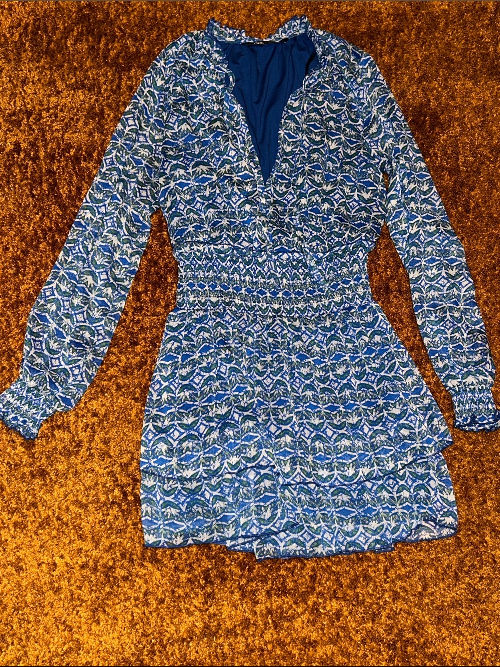 Zara Blue and White Printed Long-Sleeve Smocked Waist Dress